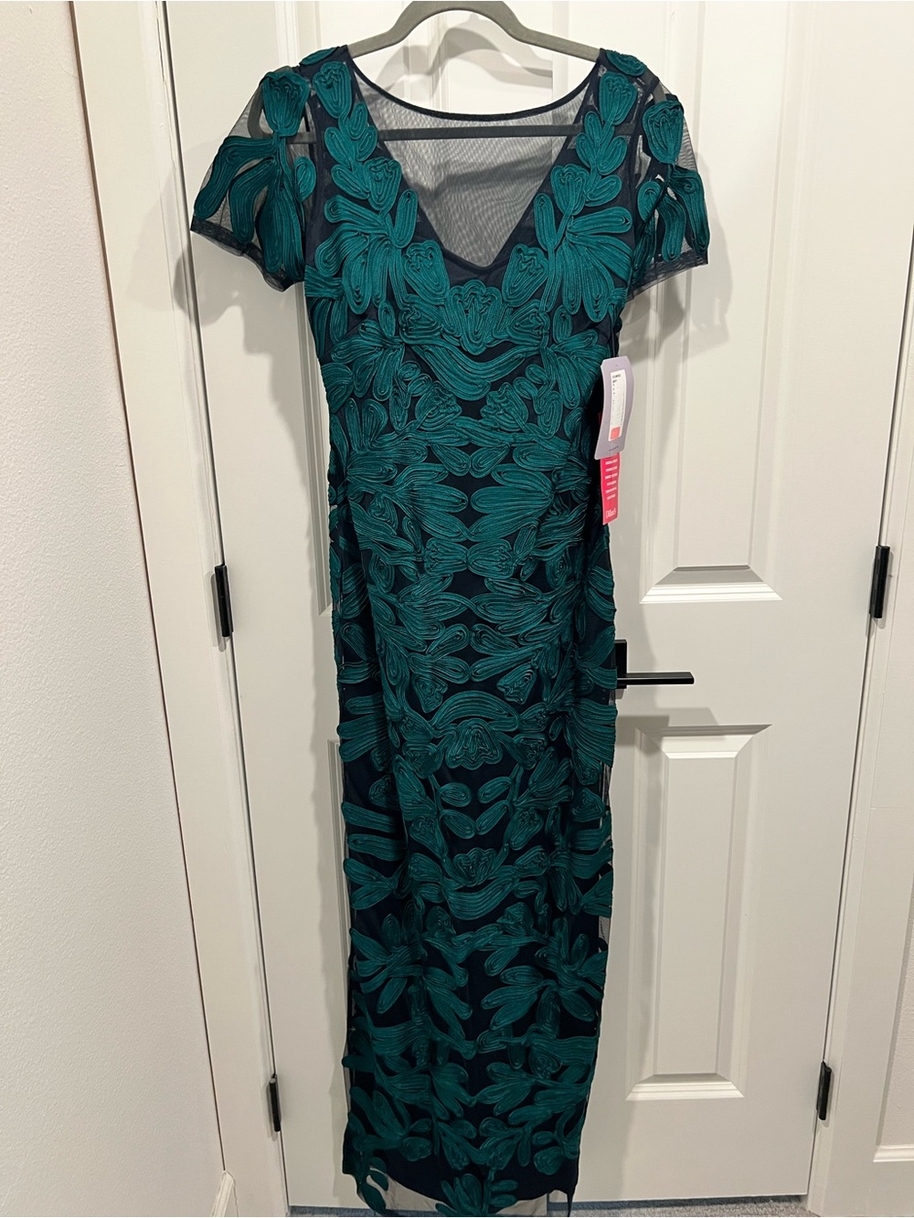 JS Collections Teal Embroidered Mesh Maxi Dress